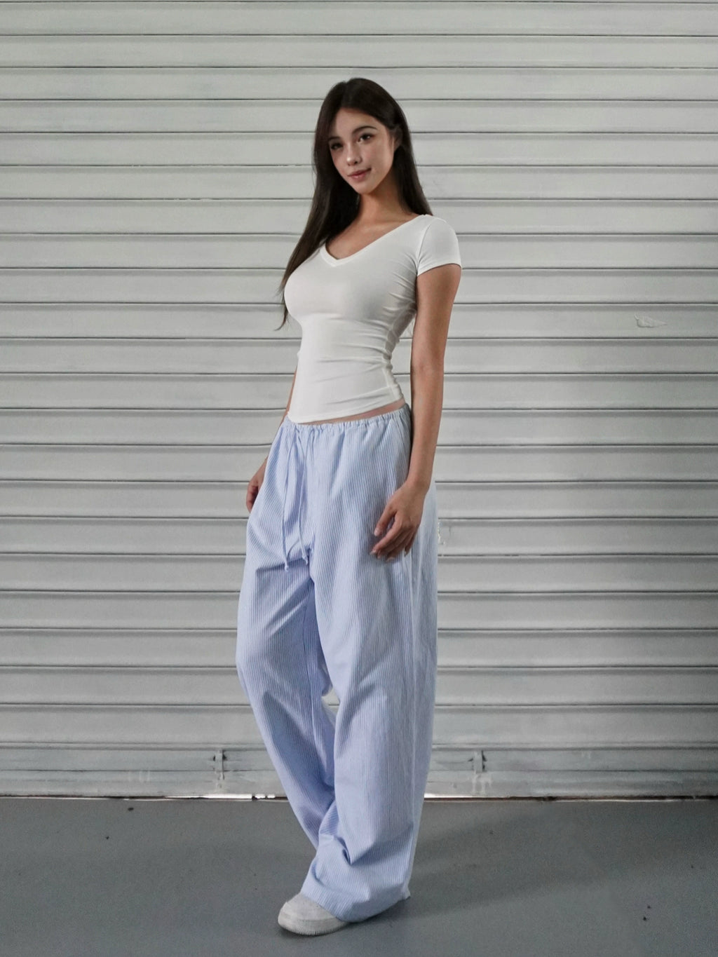 Jim Kennet Blue and White Striped Wide Leg Drawstring Pants