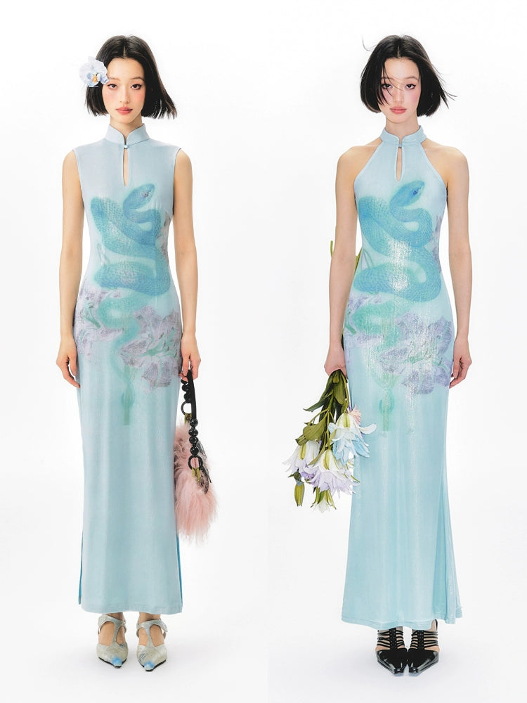 YEDM Blue Snake Print Neck Cheongsam Dress