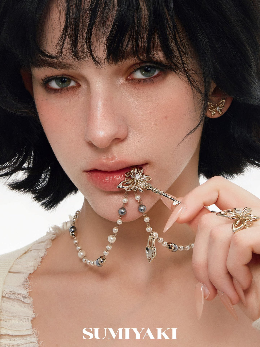 Sumiyaki Pearl Butterfly Layered Long Necklace