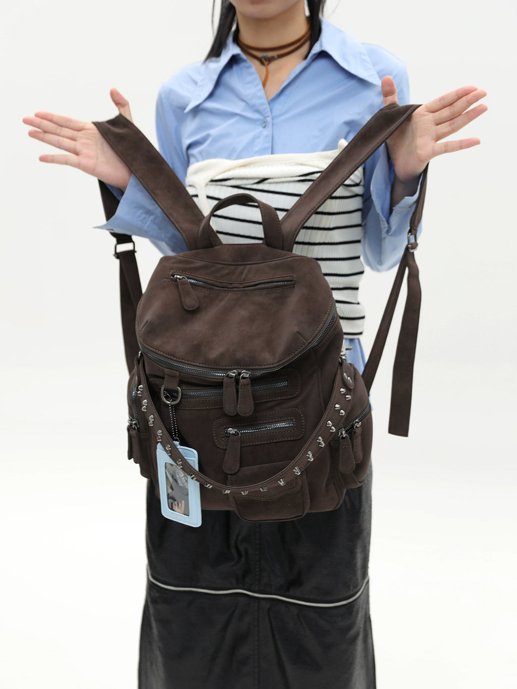 JANDRESS Multi-pocket Zipper Rivet Locomotive Backpack