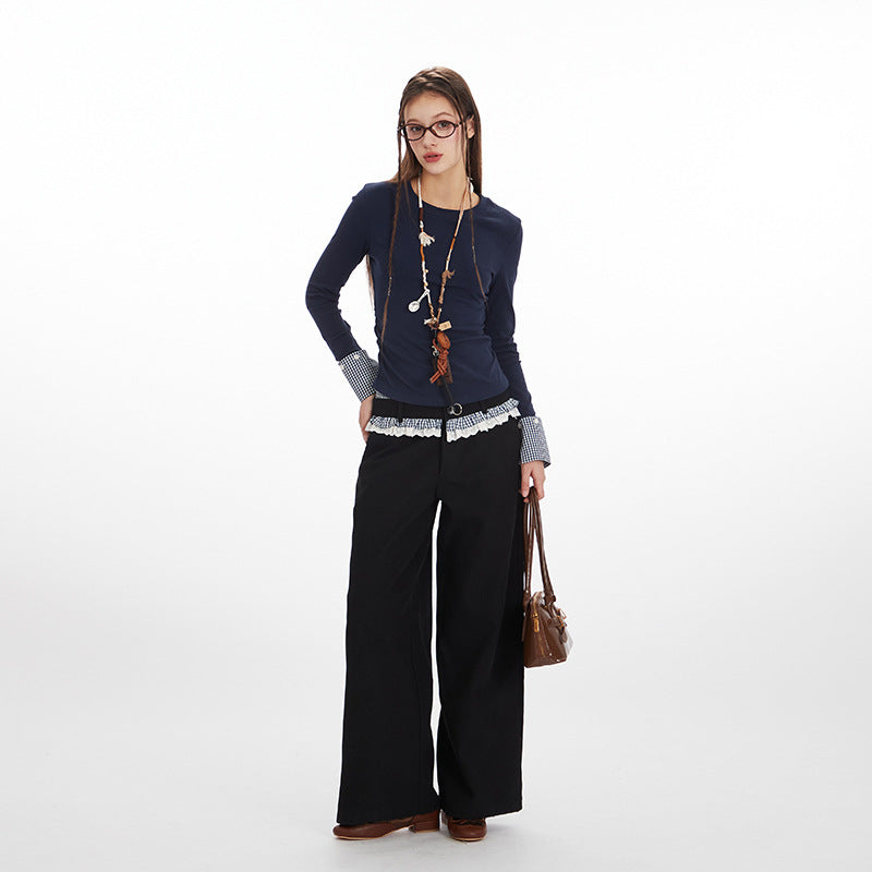 Nariele Waist Wrinkle Stitching Contrasting Color Slim Long Sleeve