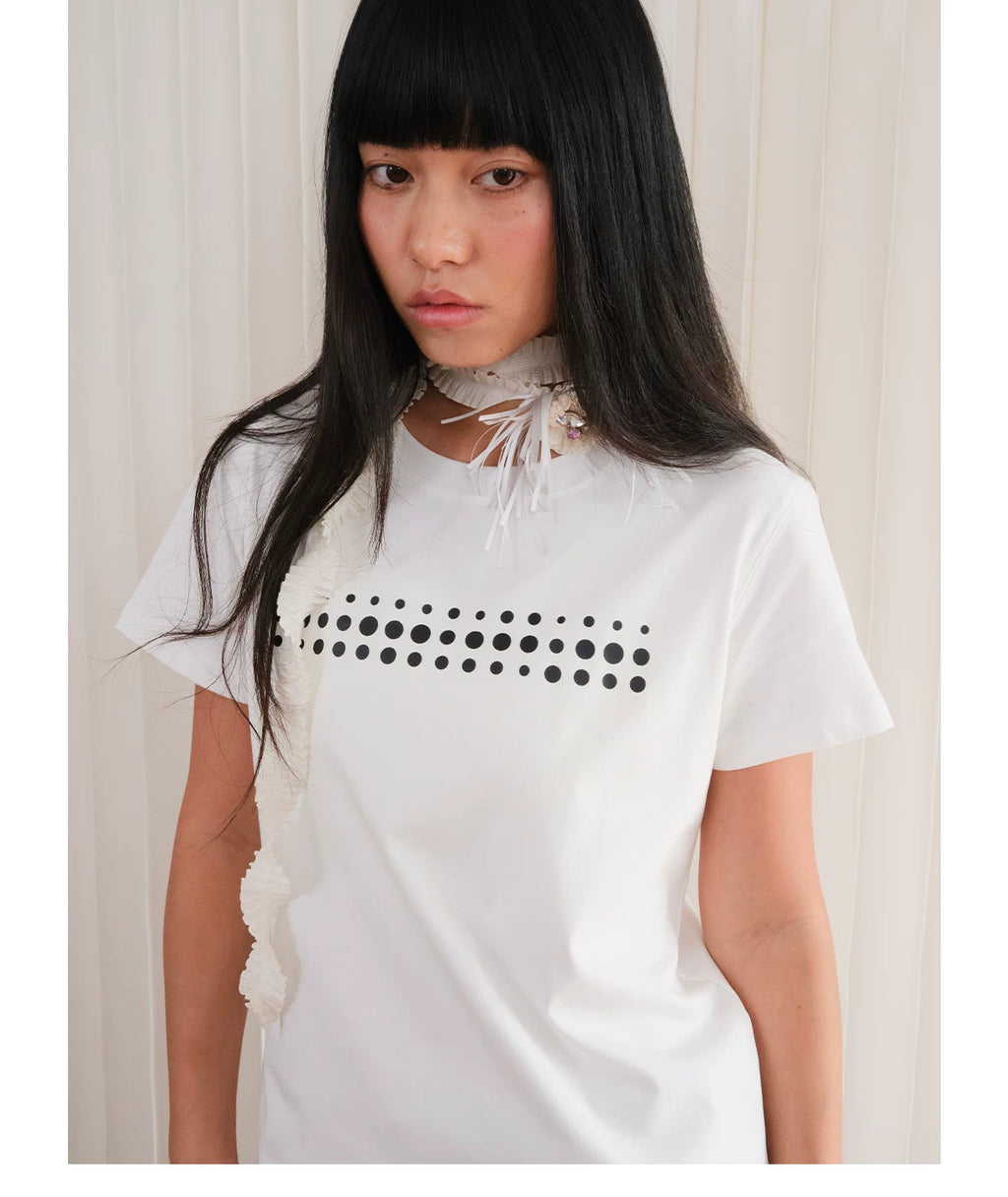 FUNKYFUN Irregular Polka Dot Print Front Shoulder Tee