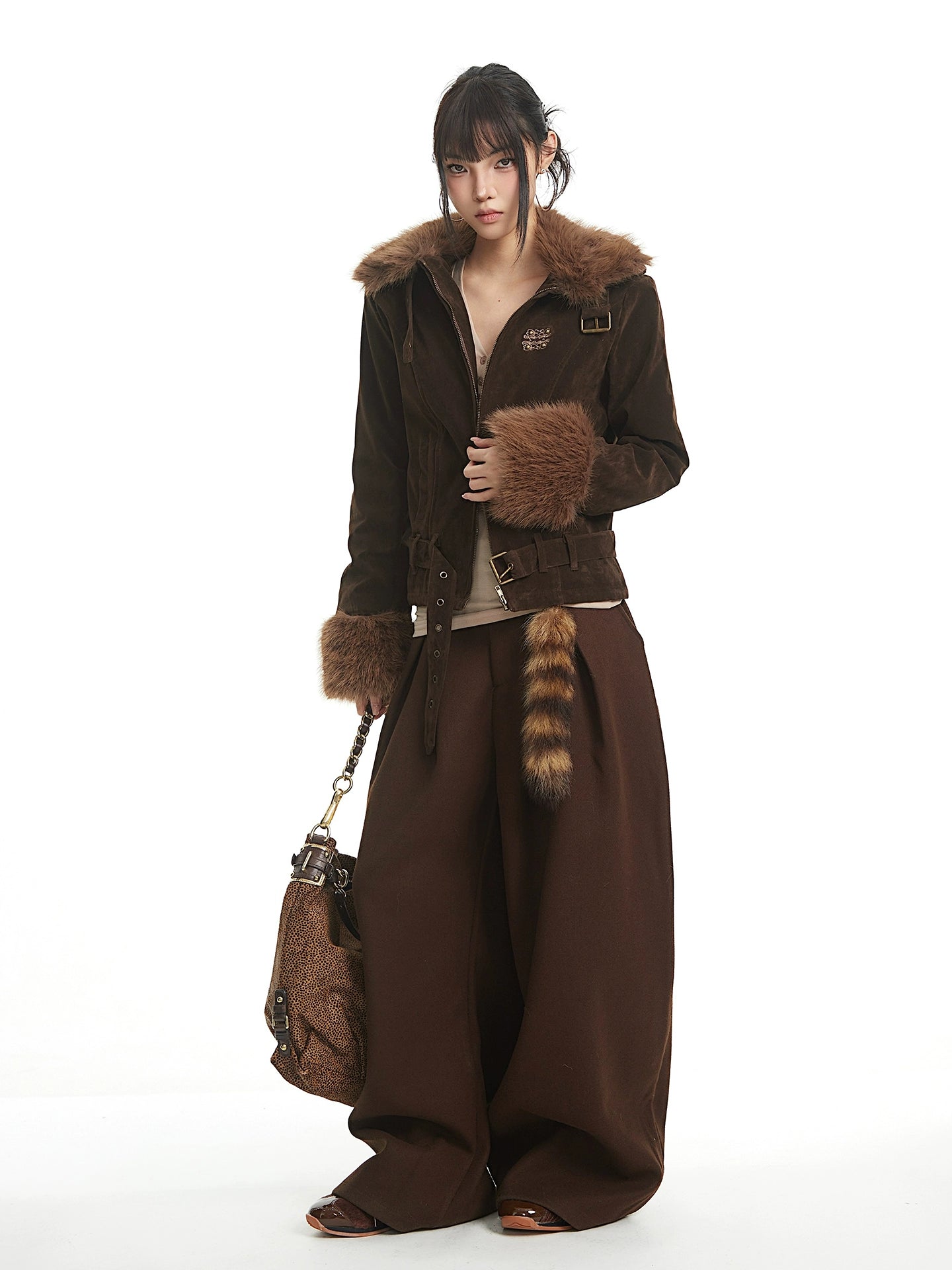 UNCMHISEX Vintage Fur Collar Stitched Deerskin Velvet Cotton Suit