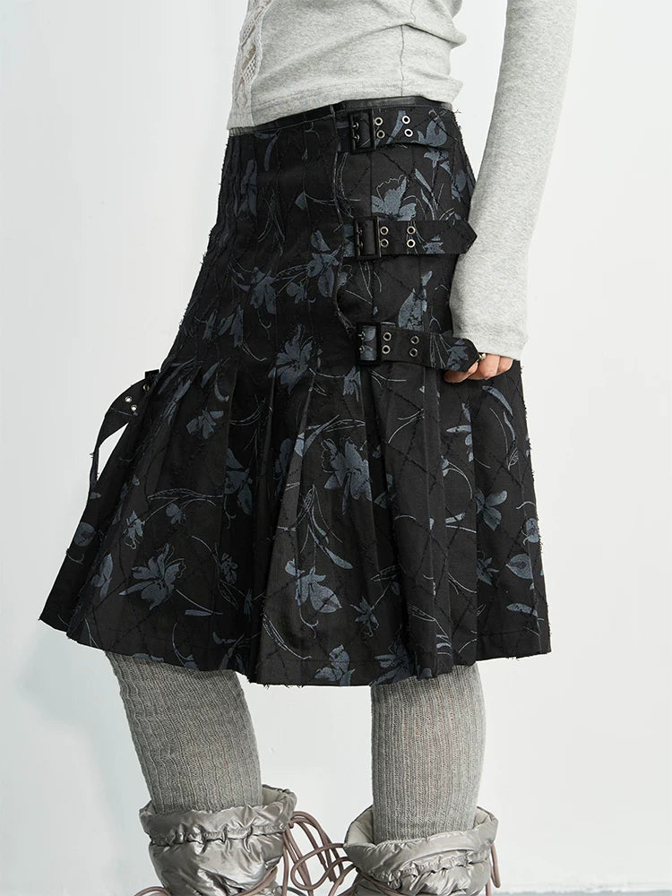 Enteralt Double Pin Buckle Medium High Waist Versatile Pleated Skirt