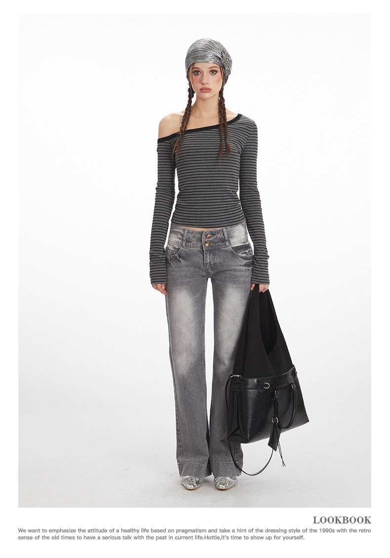 Nariele Striped Slant Neck Slim Off-Shoulder Long Sleeves