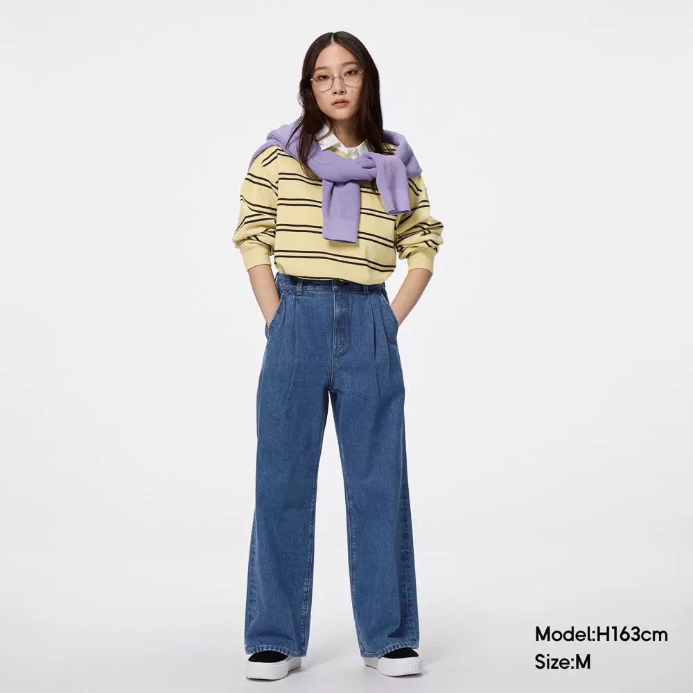 GU Denim Pleated High-waisted Loose Trousers