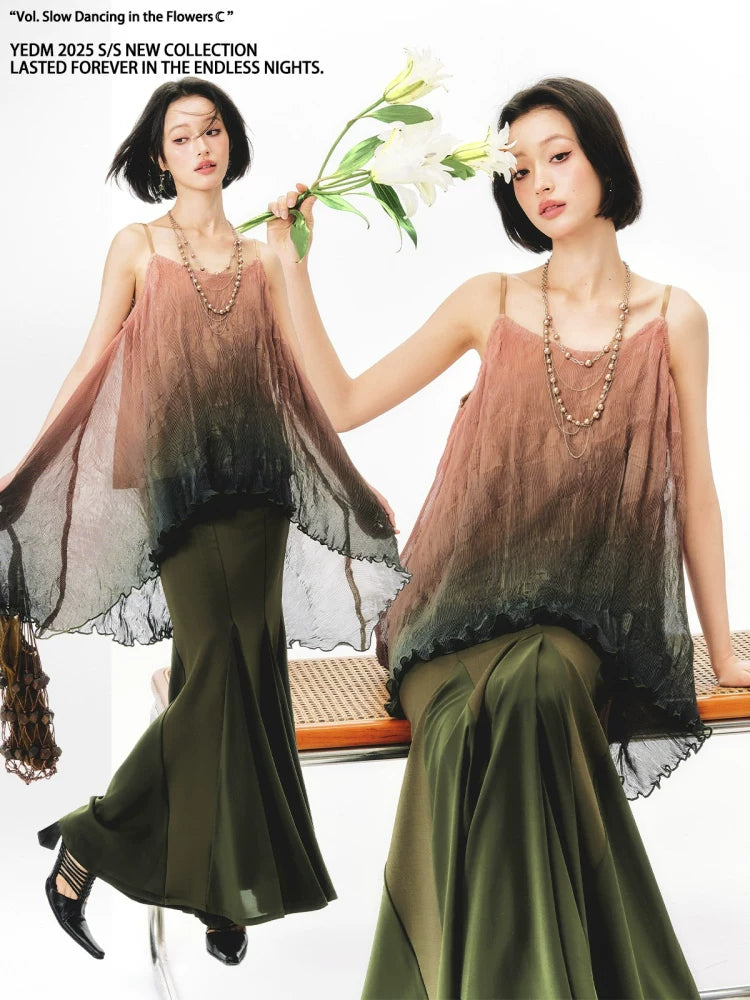 YEDM Tie-dye Gradual Change Suspender Fishtail Skirt Set