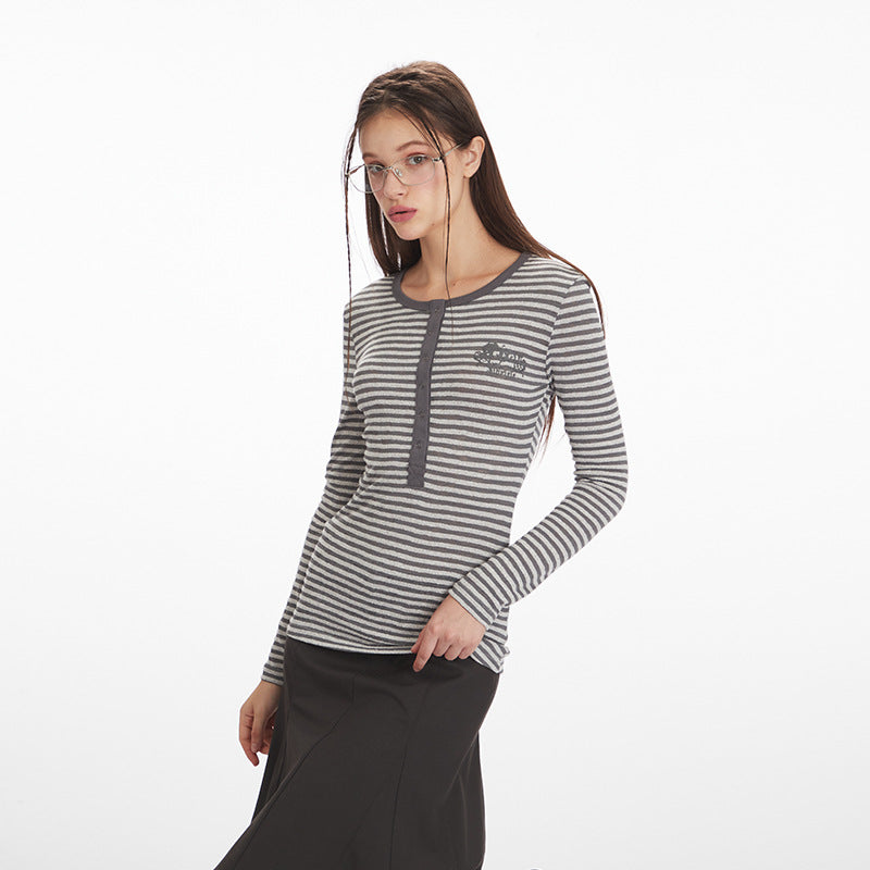Nariele Henry Collar Slim Skinny Striped Long Sleeves