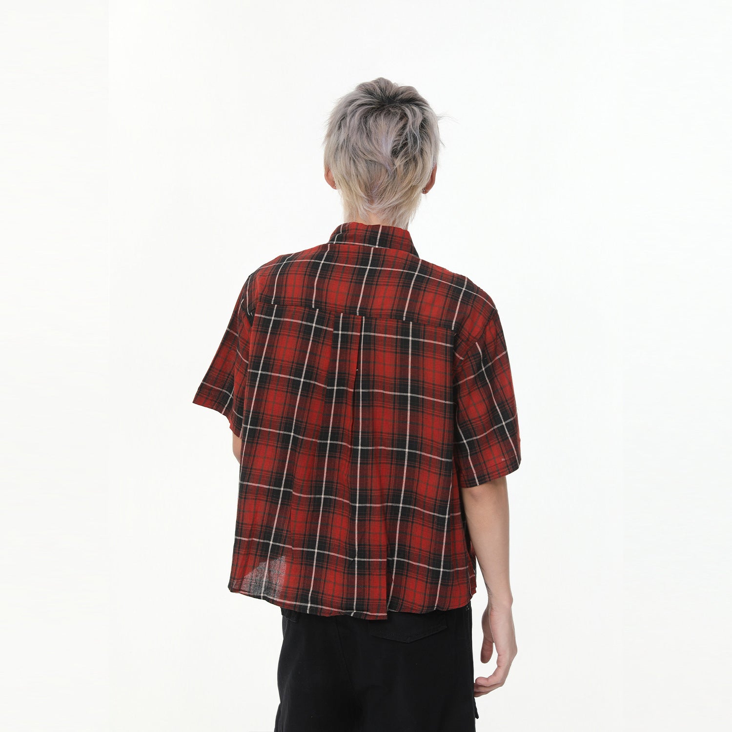 MTLCLOTHES Vintage Lapel Short-sleeved Contrasting Plaid Shirt