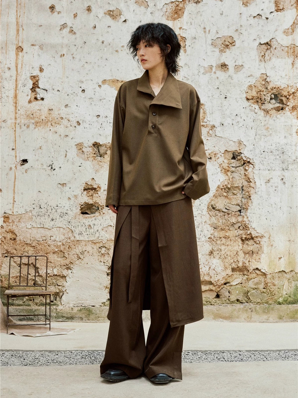 SUNYVONNE Retro Button-down Two-piece Stand-up Collar Long-sleeved Shirt