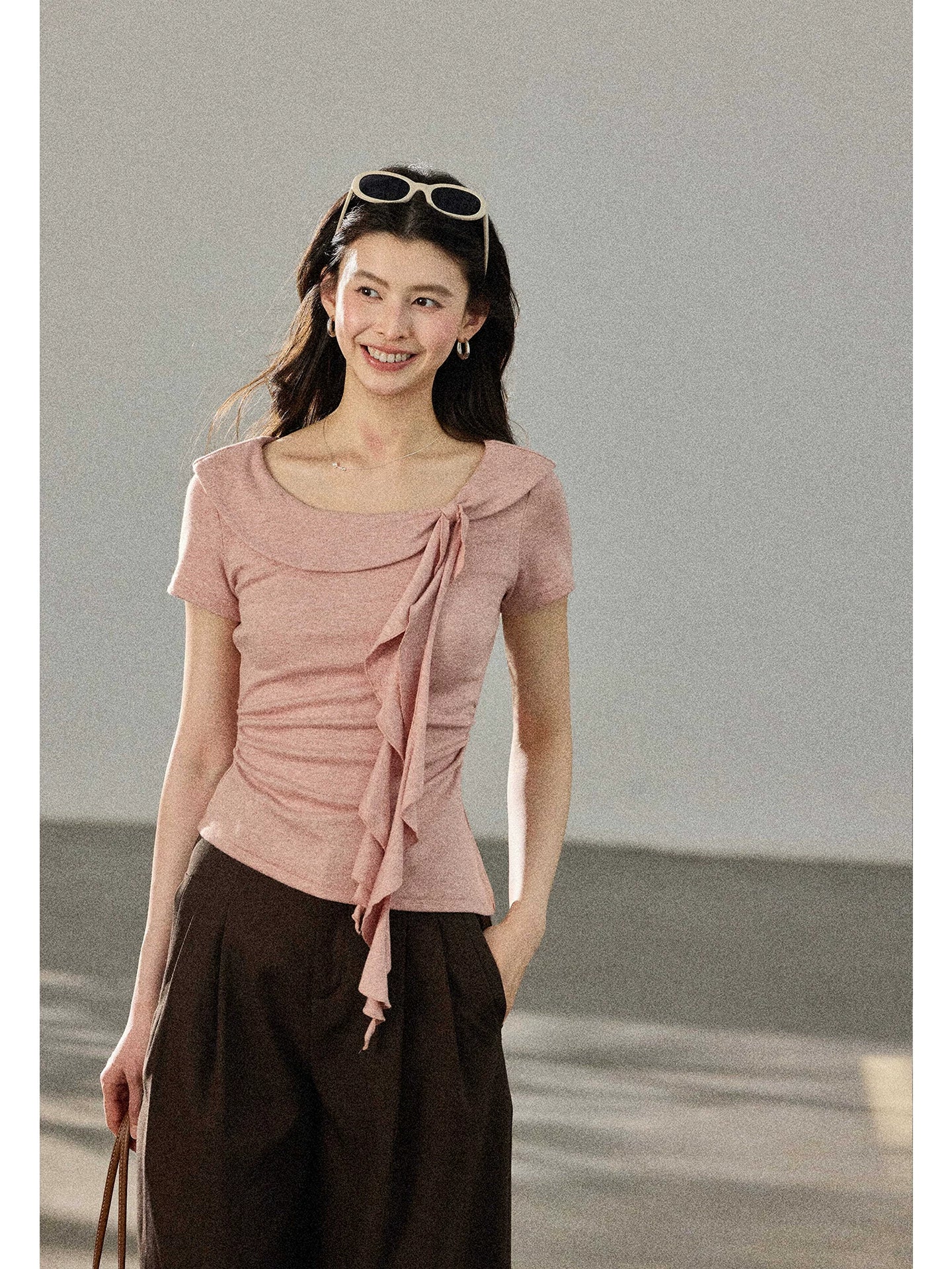 TYANG Waist Lace-up Large Lapel Streamer Slim Tee