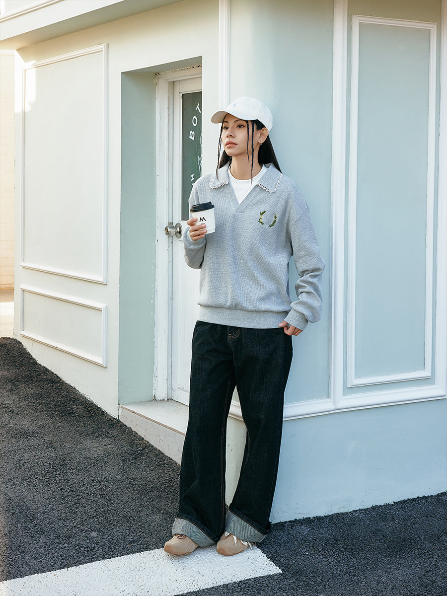 Harshandcruel Korean navy blue waffle V-neck college style lace edge loose seagull neck polo shirt