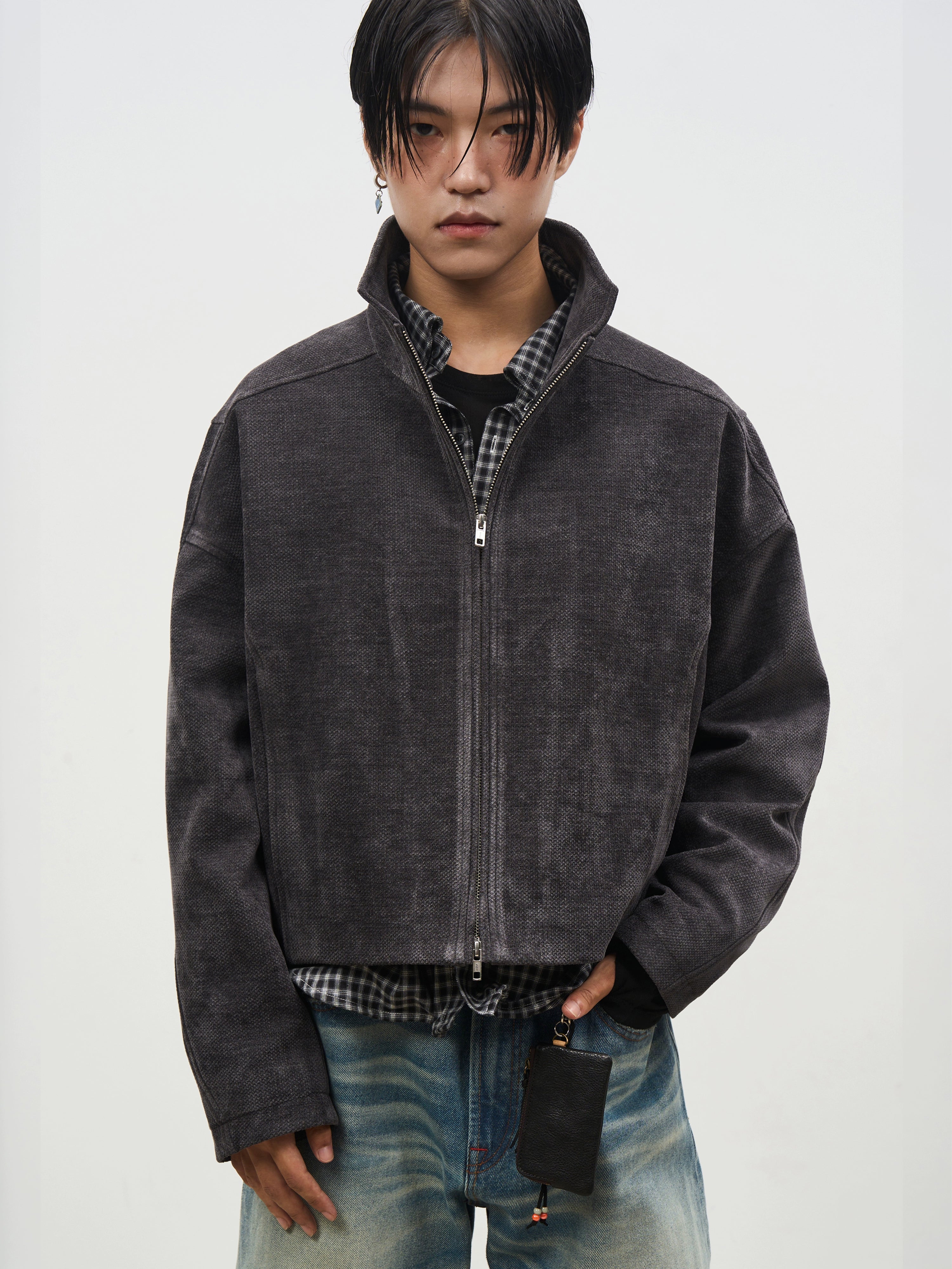 SOUTHFISH Stand-up Collar Retro Micro-gloss Short Jacket