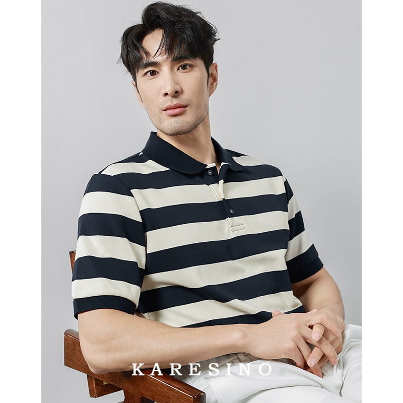 KARESINO Breathable Striped Lapel Knitted Polo Shirt