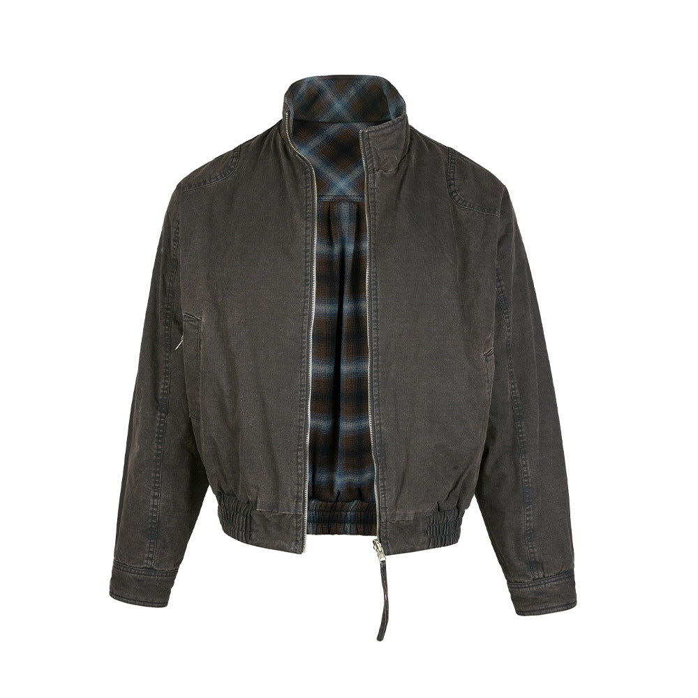 MADEEXTREME Retro Gradient Plaid Stand Collar Thickened Jacket