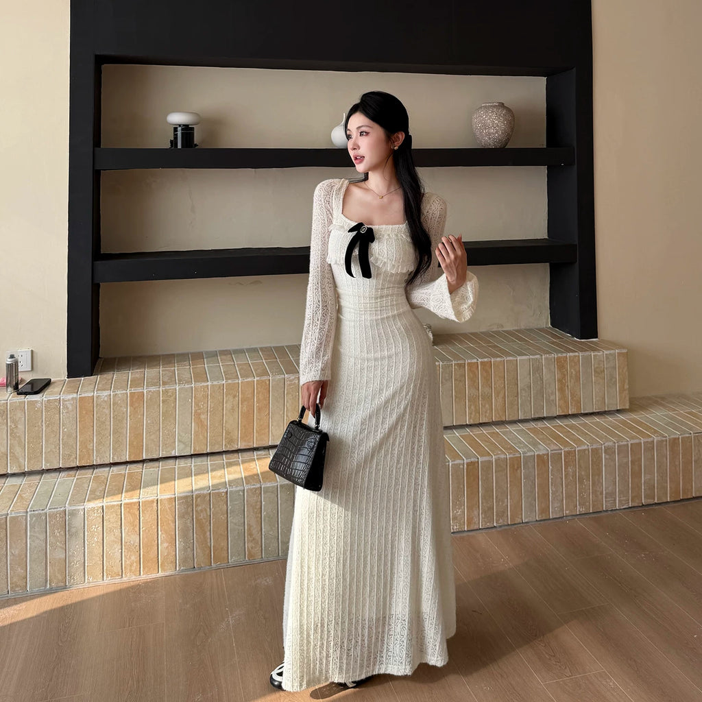 Instunning Square Neck Lace Waist Thin Temperament Dress