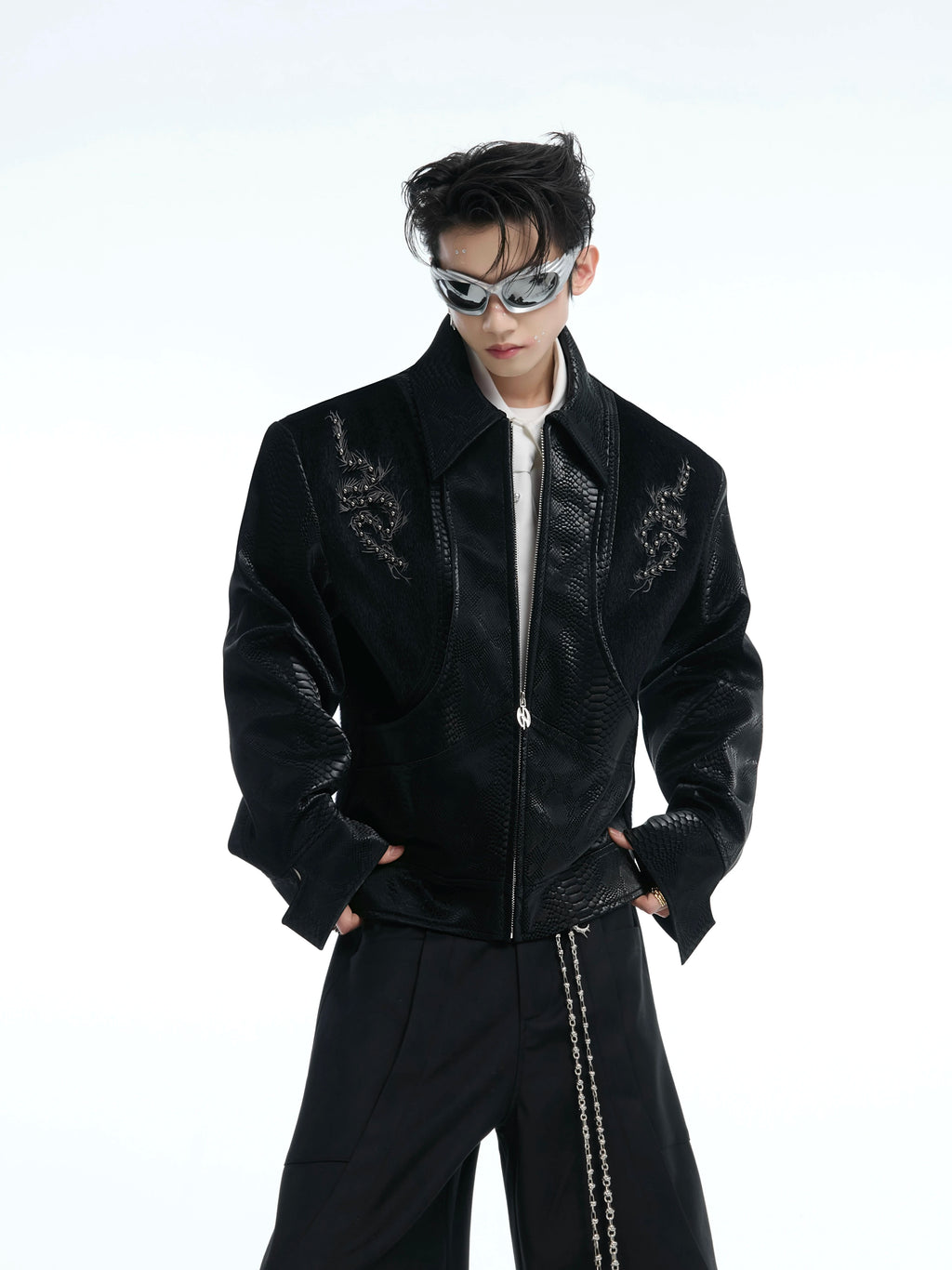 ArguECulturE Snakeskin Stitching Embroidered Slim-fit Leather Jacket