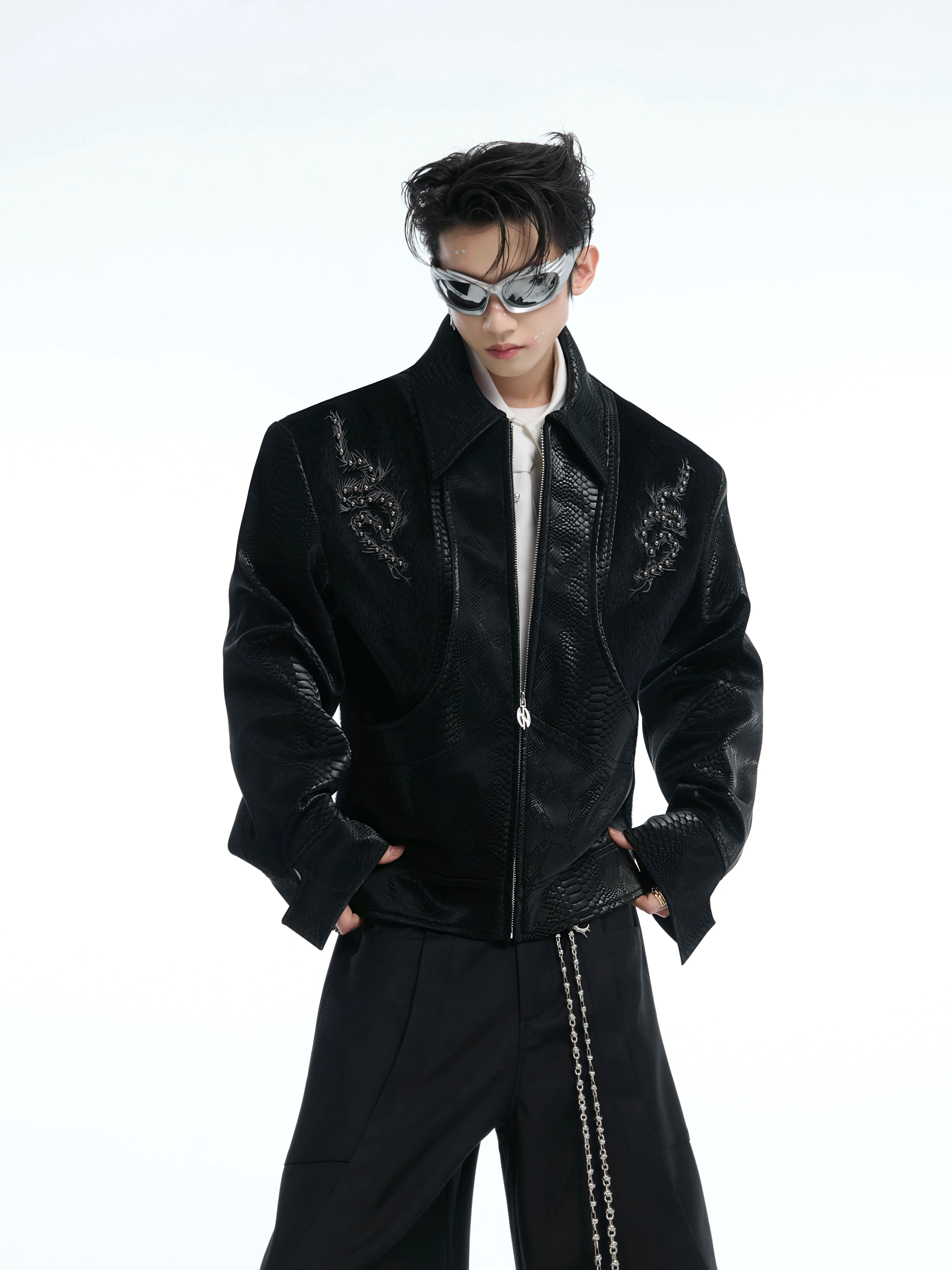 ArguECulturE Snakeskin Stitching Embroidered Slim-fit Leather Jacket