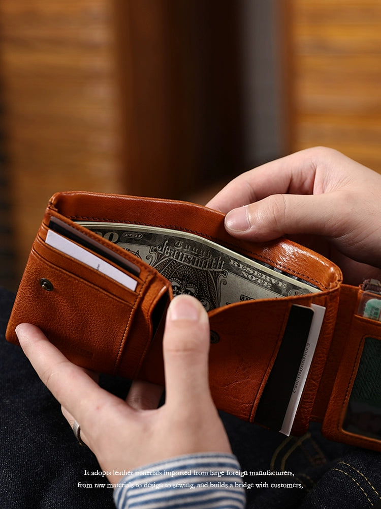 HALF WORK AtelierLeo first-layer cowhide wallet men's leather short handmade multi-card degaussing anti-theft swipe card bag wallet
