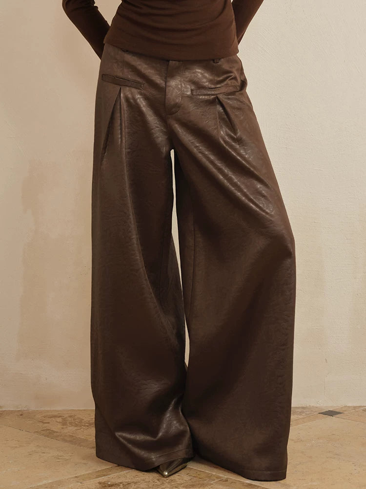 J TheChosen Satin Leather Double-pleated Loose Wide Leg Pants
