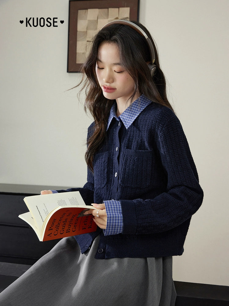 Kuose Fake Two Plaid Knitted Sweater Jacket