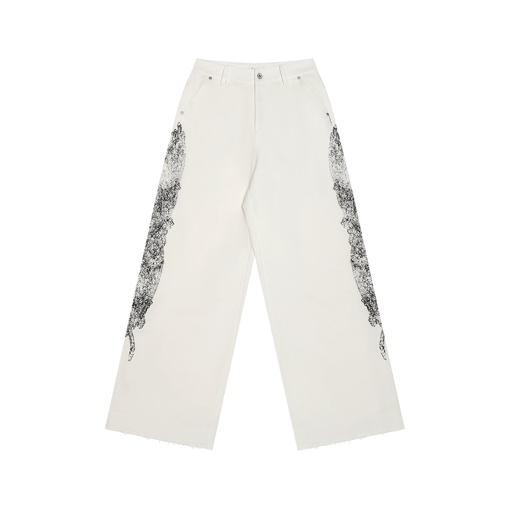 FUNKYFUN Lace Print Burrs Straight-leg Pants