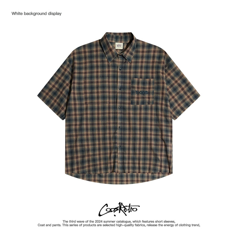 CoosRetro Contrasting Casual Plaid Short-sleeved Shirt