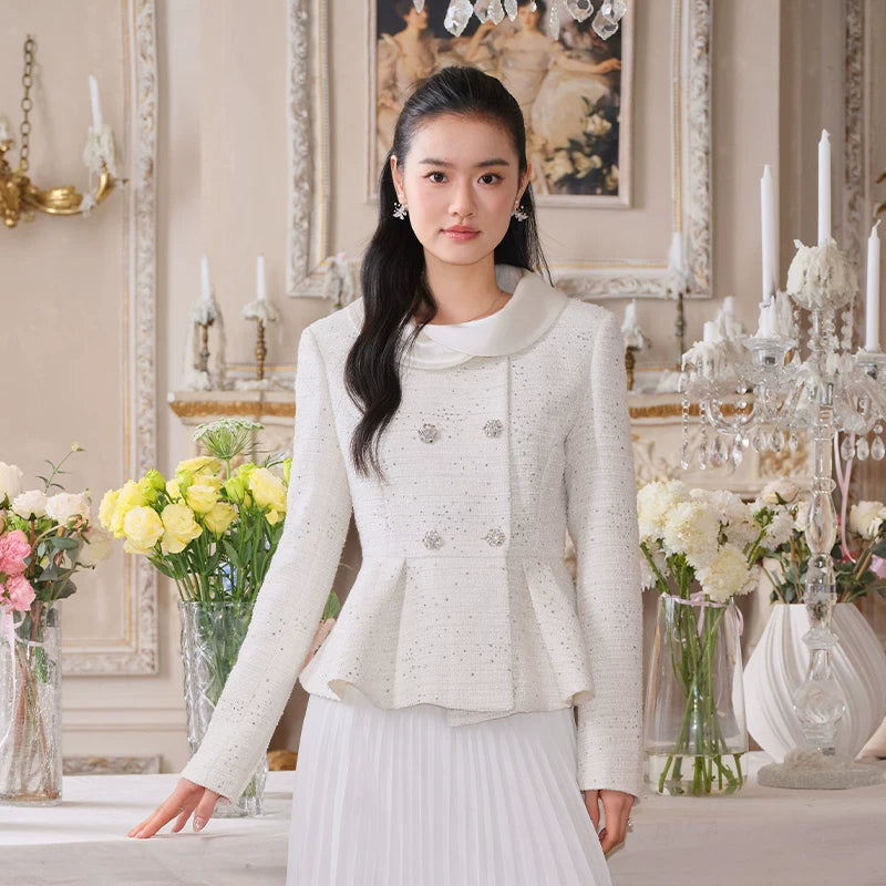 J TheChosen Waist Satin Stand-up Collar Pleated Skirt Set