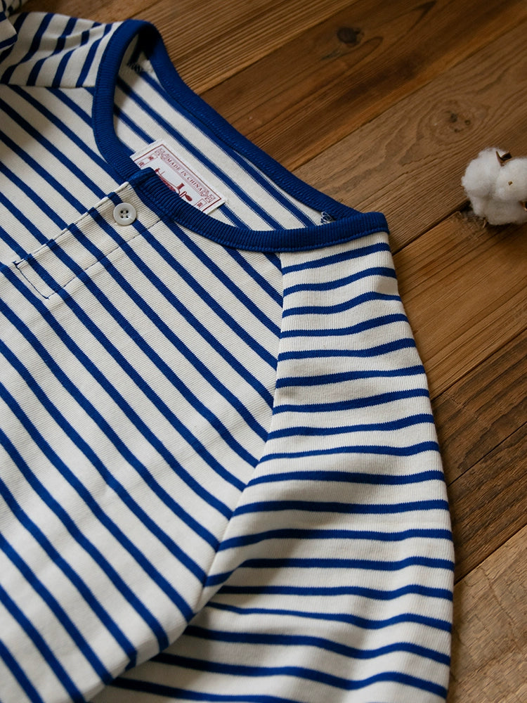 PrintAce Henry Collar Shoulder Vintage Blue and White Striped Tee