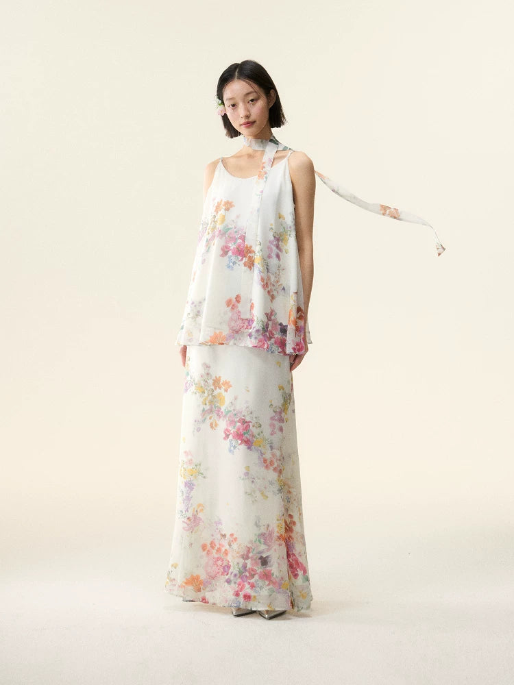LOUMUTAKU Flower Waterprint Lazy Suspender Dress
