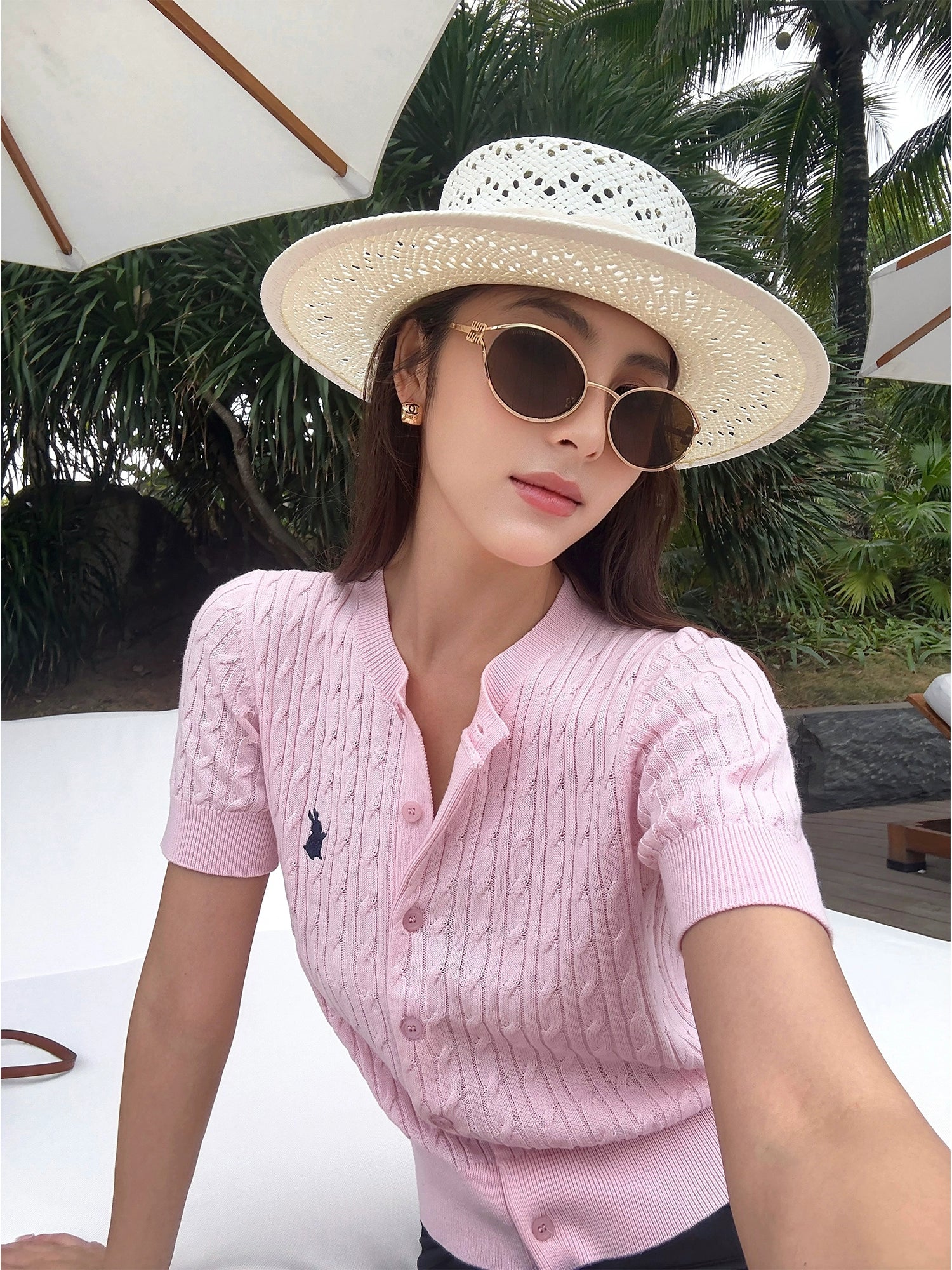 NEVA HU Embroidered Crew Neck Twist Short-sleeved Knitted Cardigan