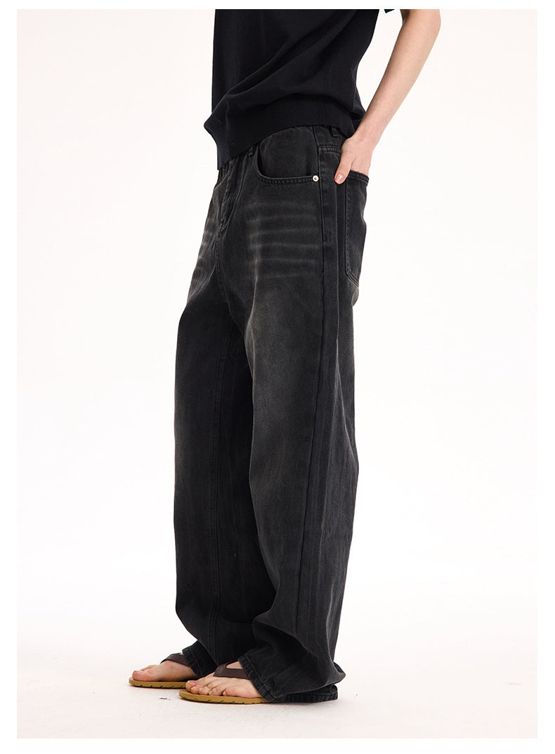 (Clearance) UNF 13.5oz Blockbuster Washed Old Cat Whiskers Baggy Bull Wide Leg Black Jeans