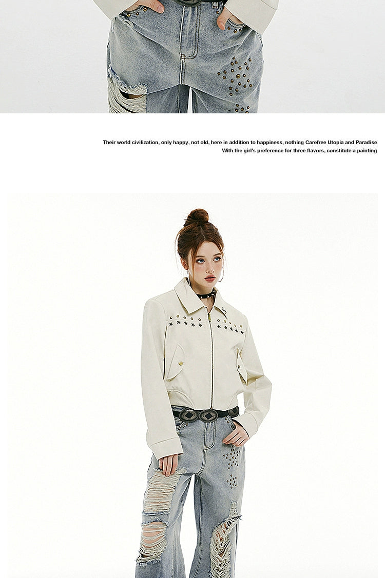 IMONE Vintage Rivet Short Leather Jacket