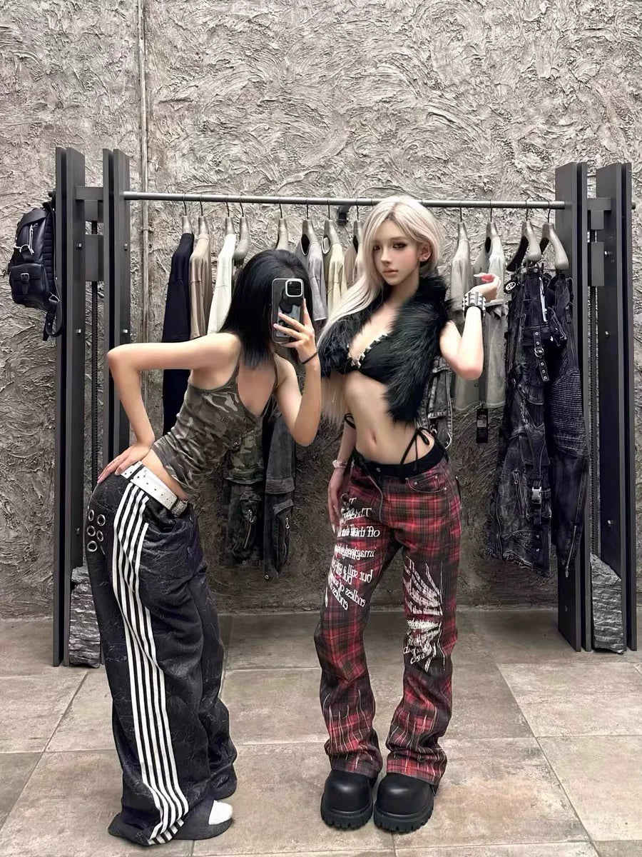 DETW Red Plaid Embroidered Scimitar Jeans