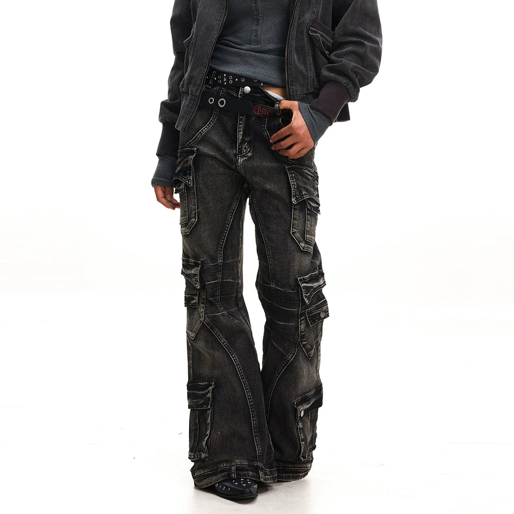 JHYWZD X BLACKLIST Retro Splicing Multi-pocket Micro-elastic Denim Flared Pants