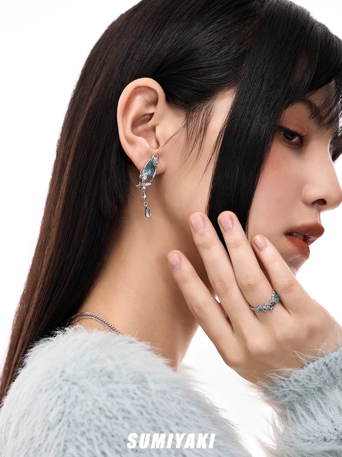 SUMIYAKI Ice Flower Zircon Water Drop Asymmetric Butterfly Earrings
