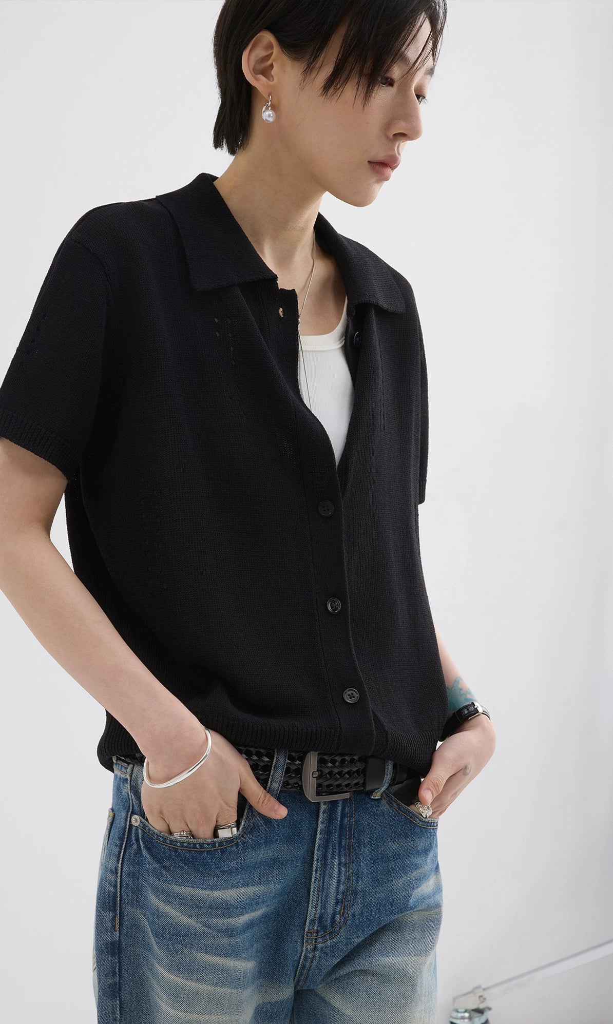 Sameuoo Skeleton Knitted Casual Polo Shirt