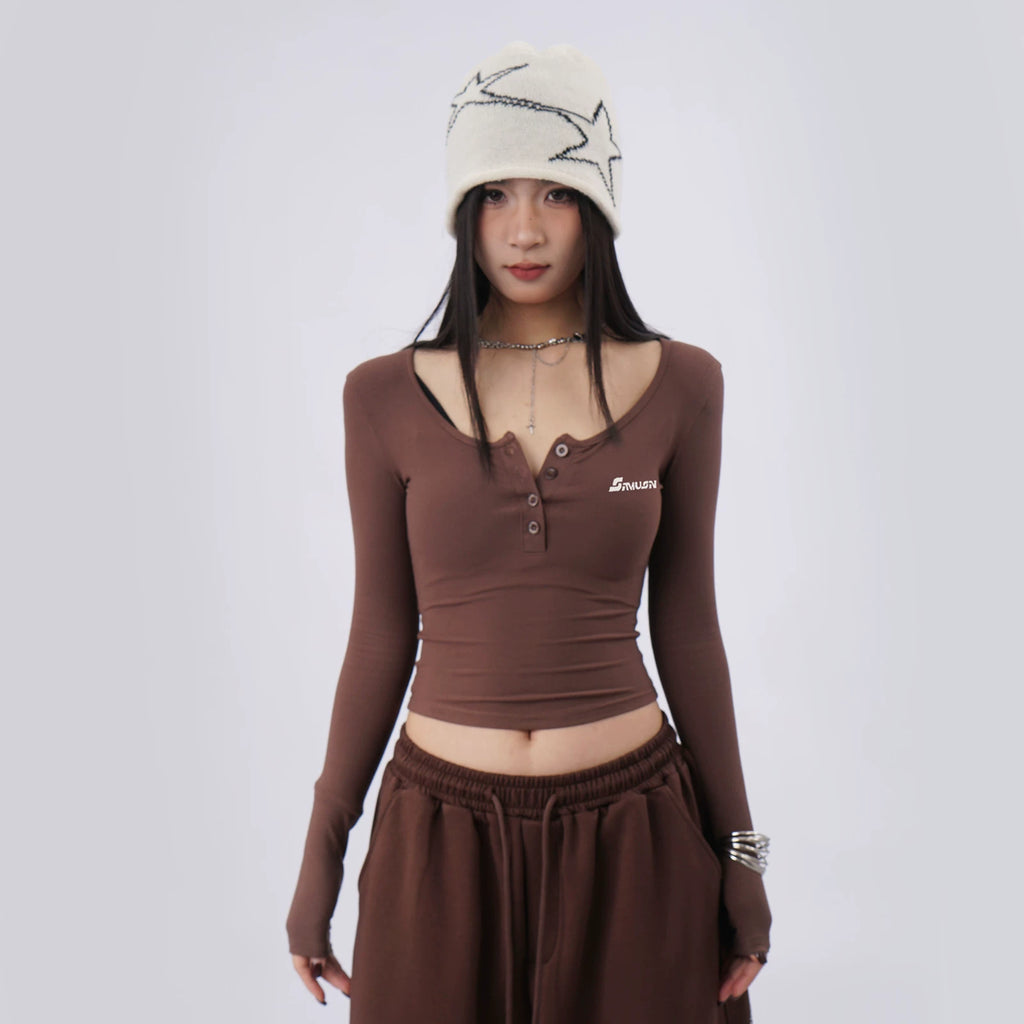 SAMUSAN Semi-open Neck Slim-fitting Versatile Long Sleeves
