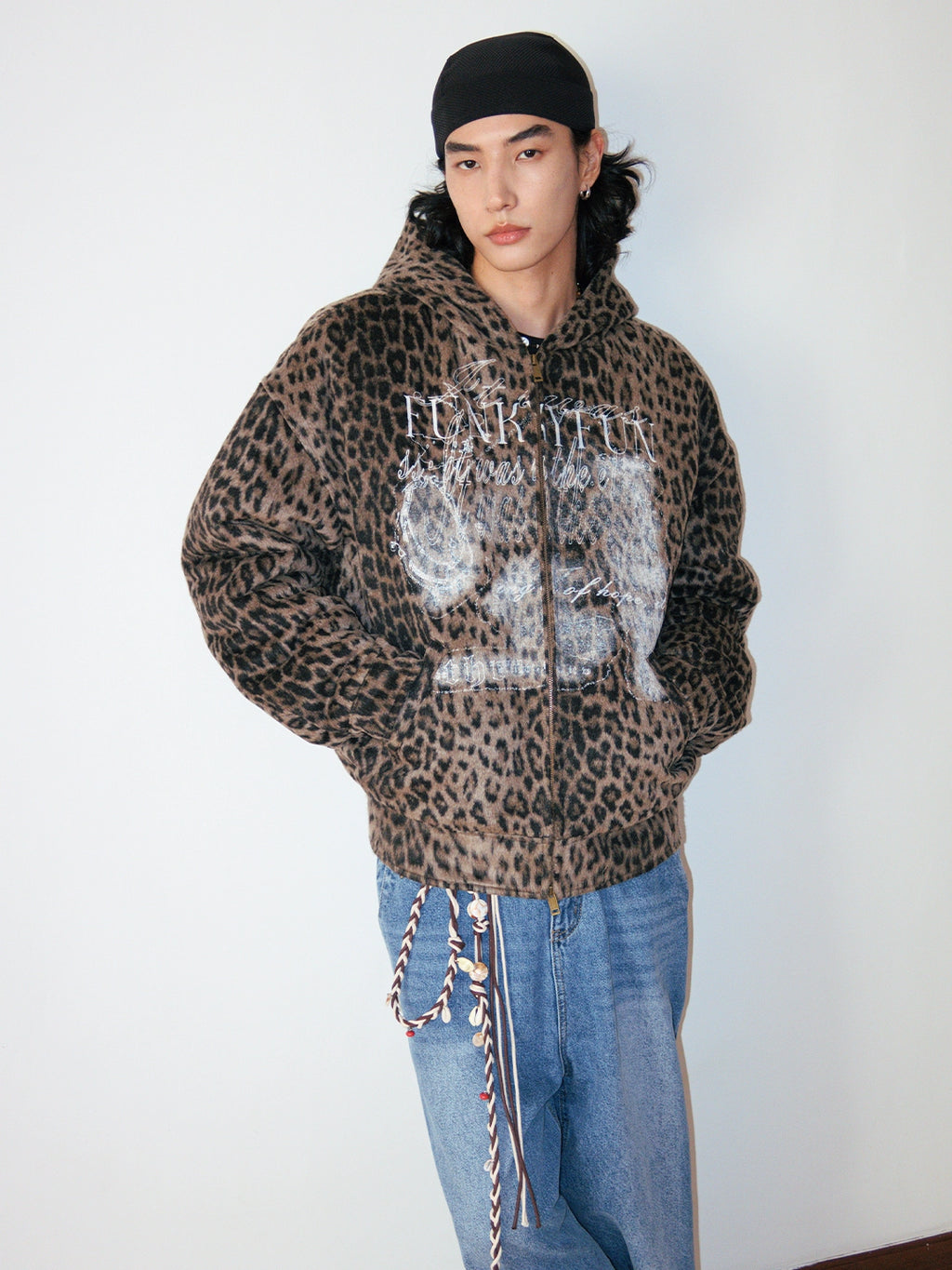 FUNKYFUN dark leopard print old print padded cotton thickened cotton clothes hooded sweater jacket