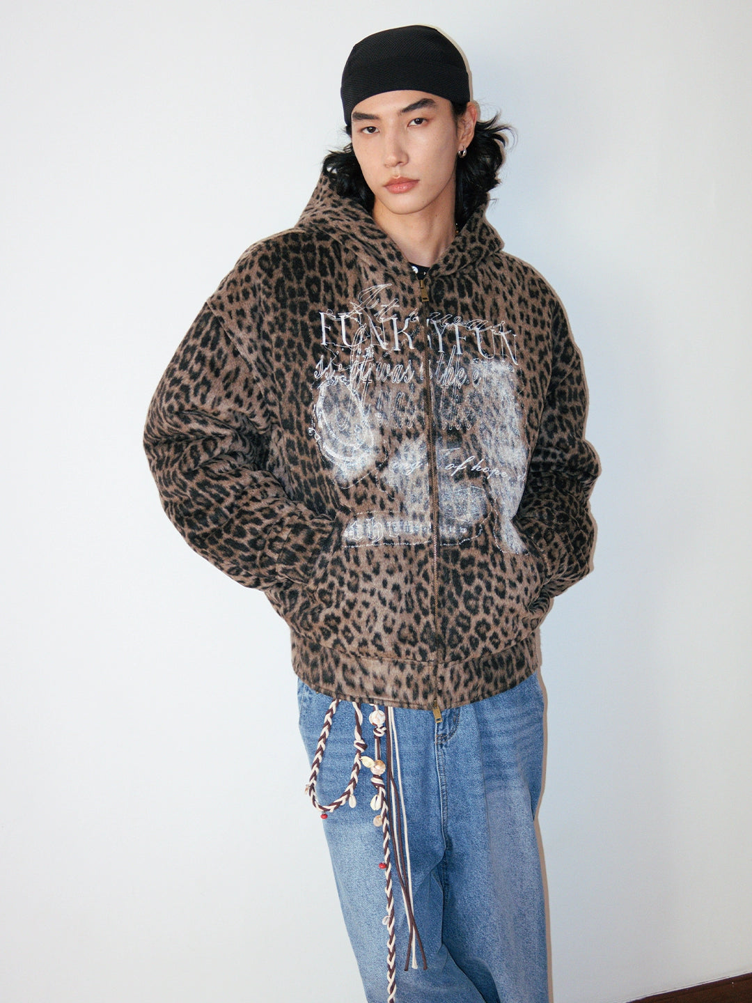 FUNKYFUN dark leopard print old print padded cotton thickened cotton clothes hooded sweater jacket