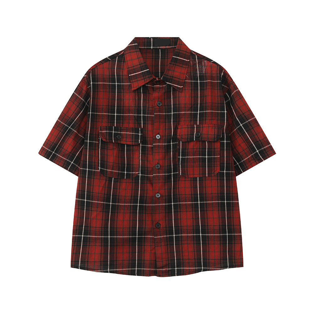MTLCLOTHES Vintage Lapel Short-sleeved Contrasting Plaid Shirt