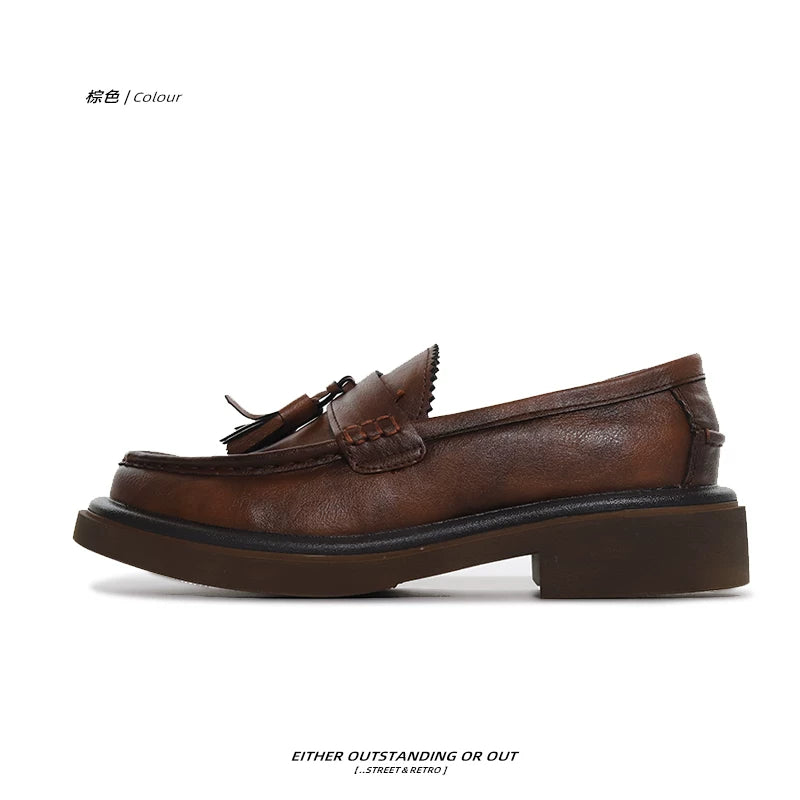 SHENLV STUDIO Fringed One-pedal Casual Thick-soled Heightening Leather Shoes