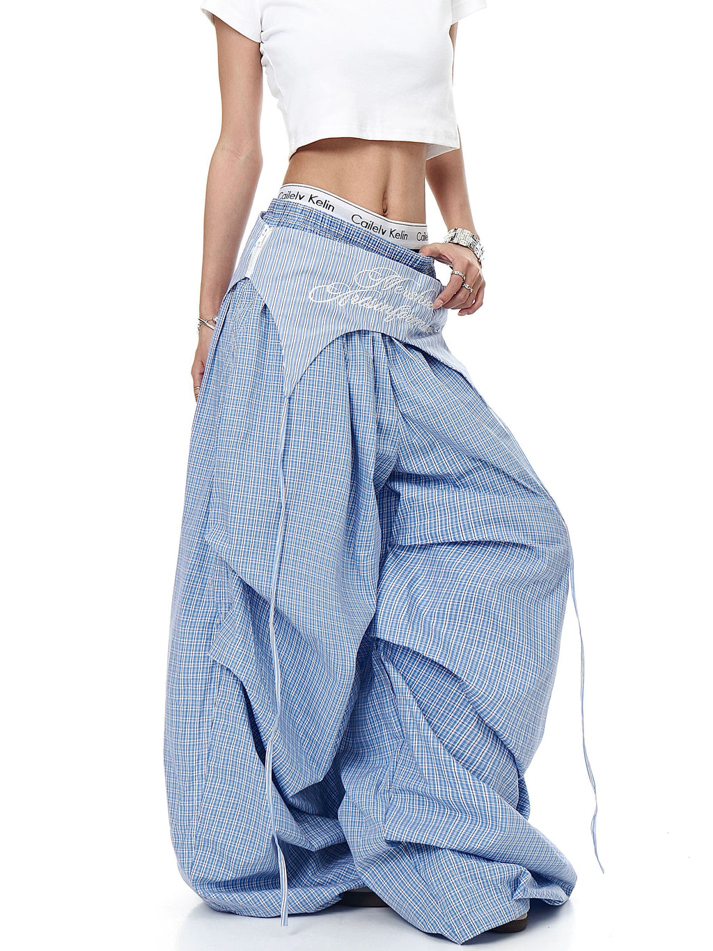 Mershier Retro Lazy Wind Fart Curtain Stacked Plaid Wide-leg Pants
