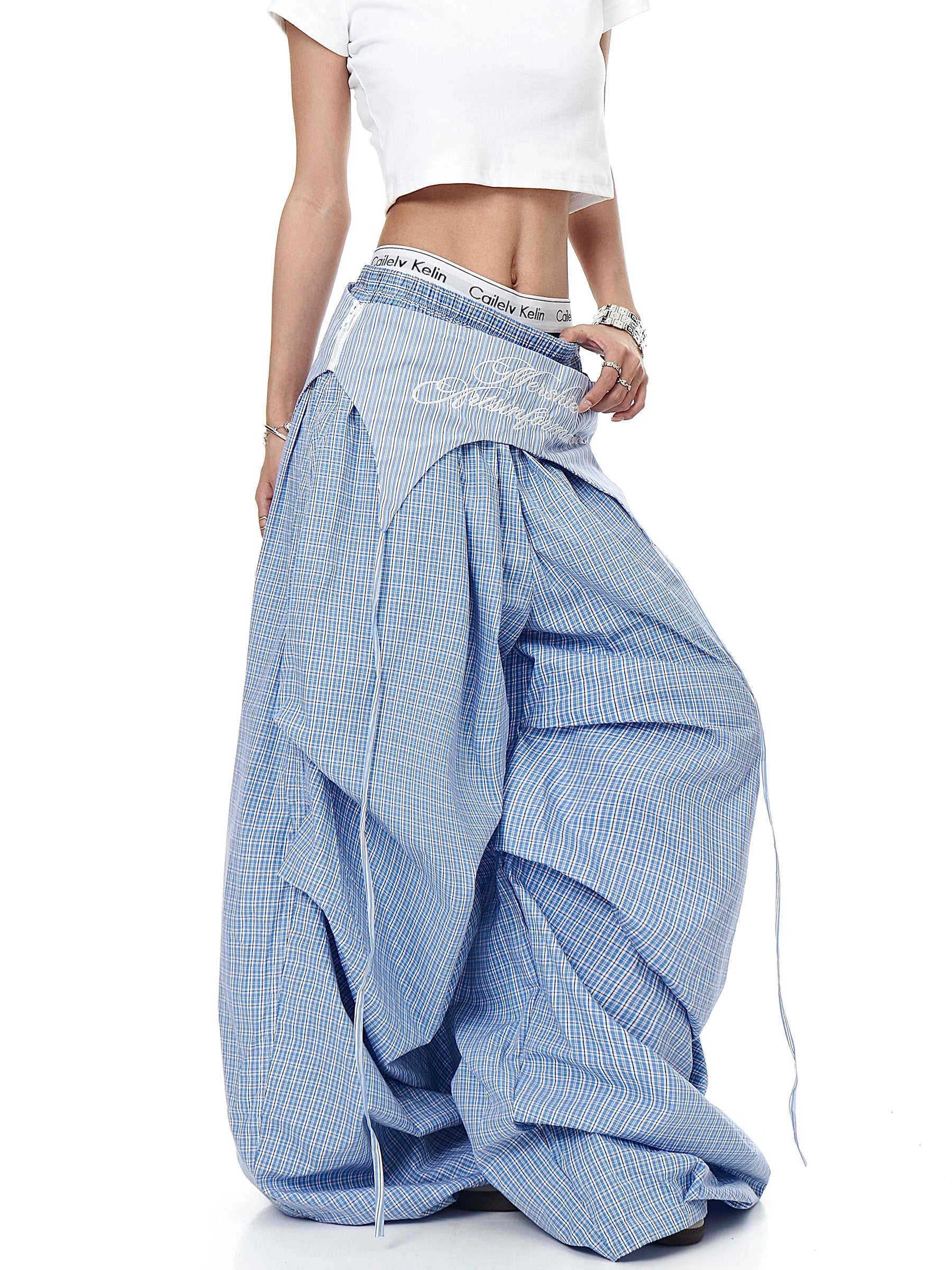 Mershier Retro Lazy Wind Fart Curtain Stacked Plaid Wide-leg Pants