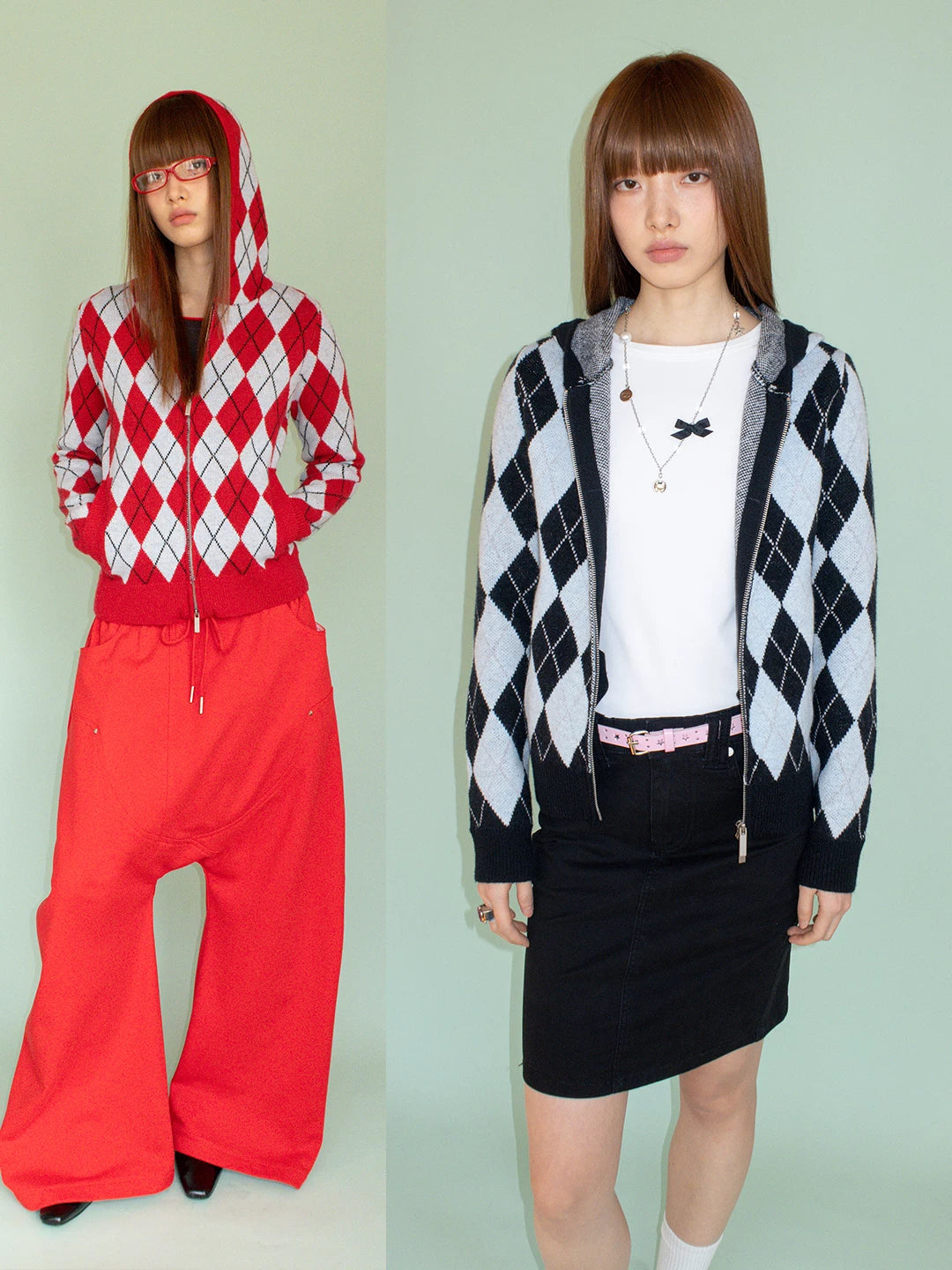 FUNKYFUN Diamond Plaid Contrast Stitching Hooded Knit Sweater Jacket