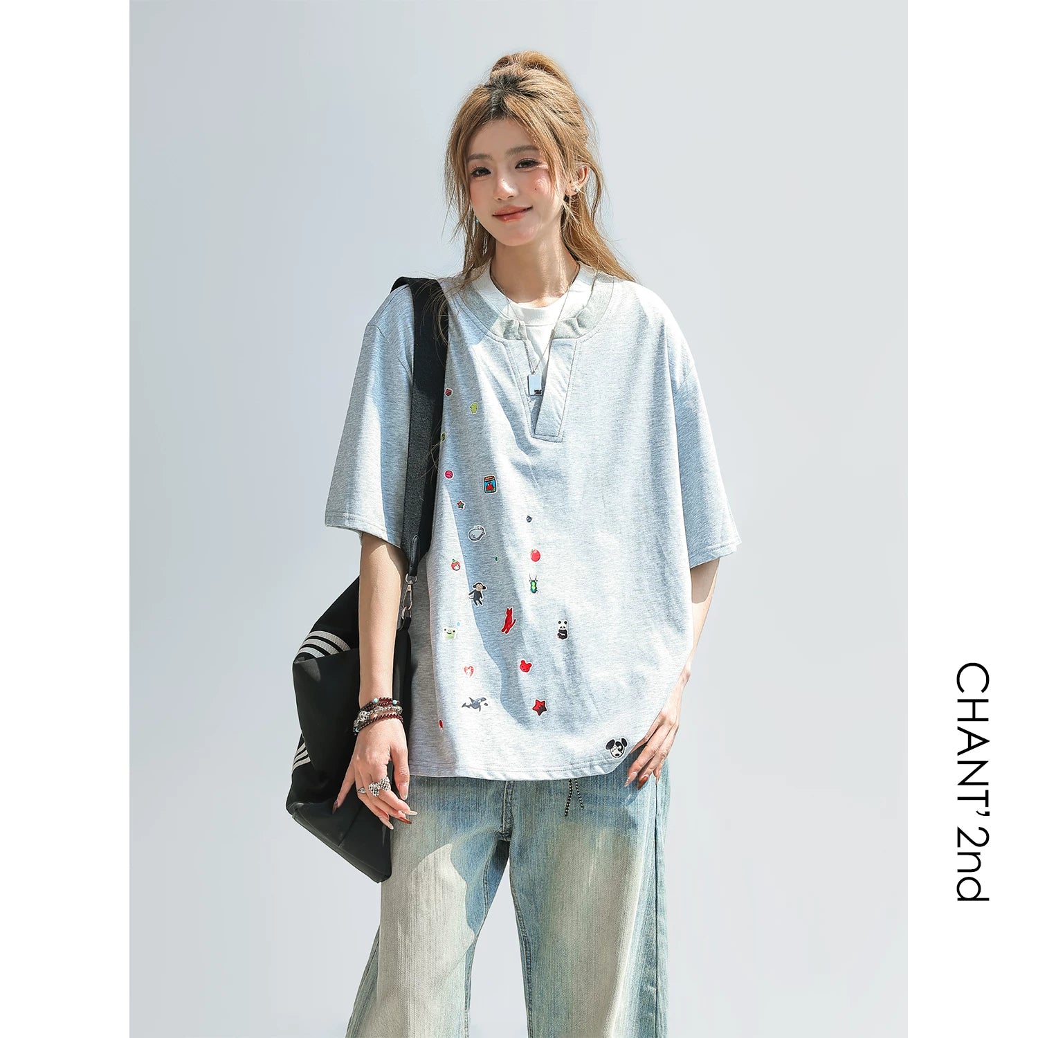 CHANT2nd Contrasting Color Splicing Fake Two-piece Loose Tee
