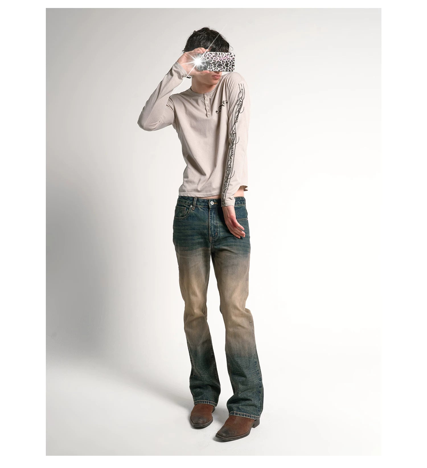 NoEmosen Water Wash Gradual Change Mud Dye Blue Fit Micro Pull Jeans