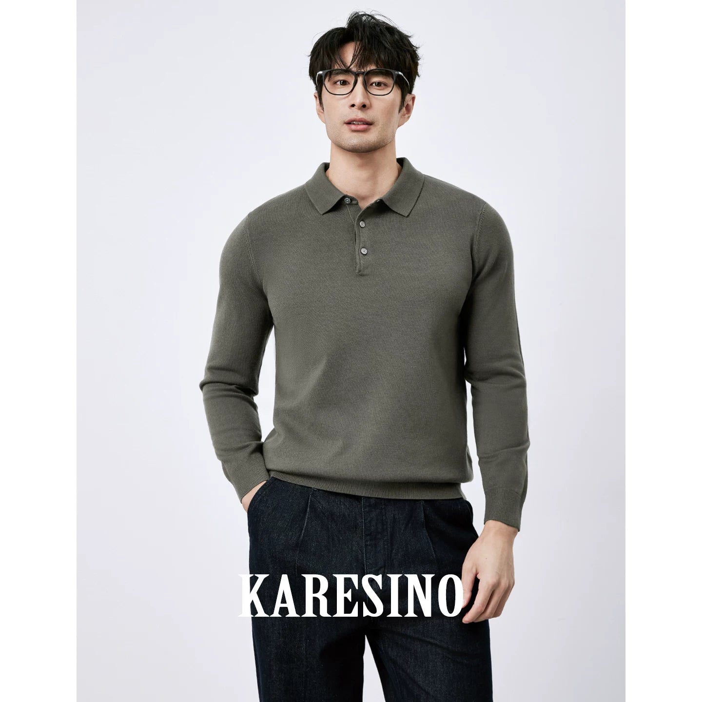 KARESINO Lyocell Wool, Lapel Polo Knitted Sweater