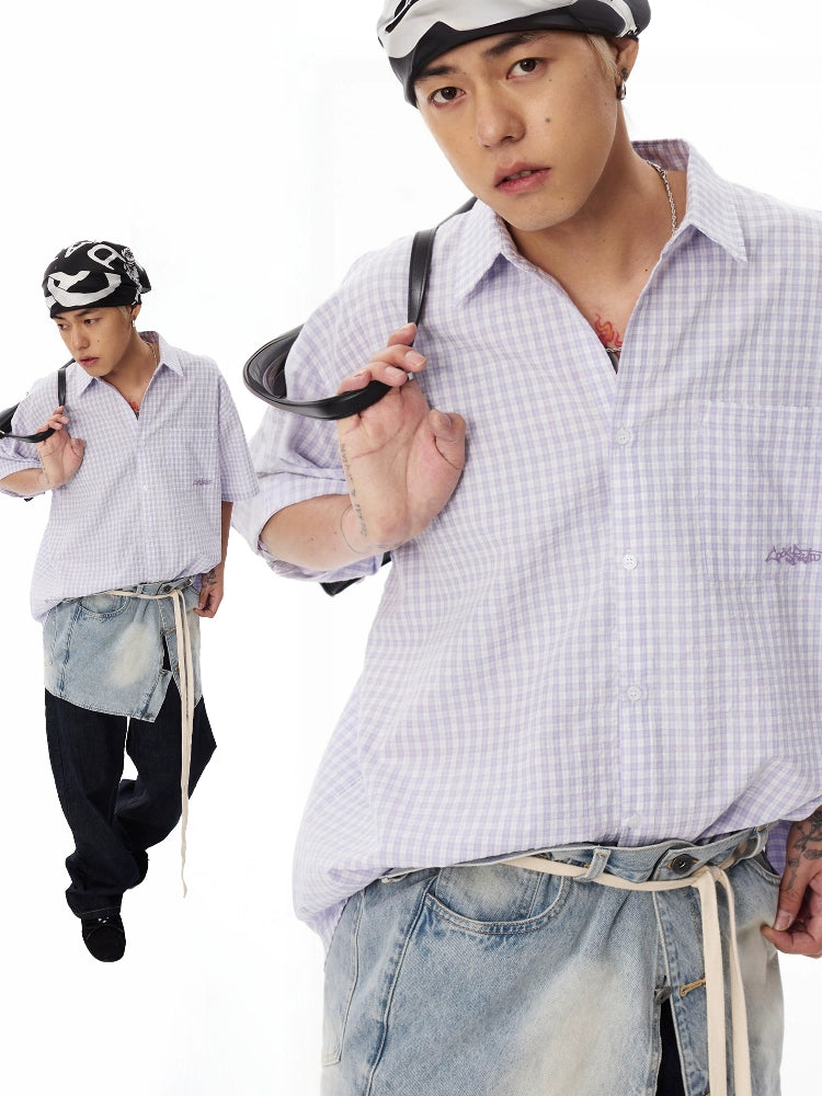 CoosRetro Embroidered Plaid Versatile Short Sleeve Shirt