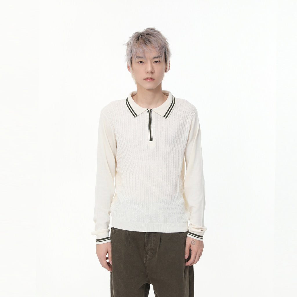 MTLCLOTHES Lapel Zipper Semi-open Neck Slim-fit Long-sleeved Knitted Sweater